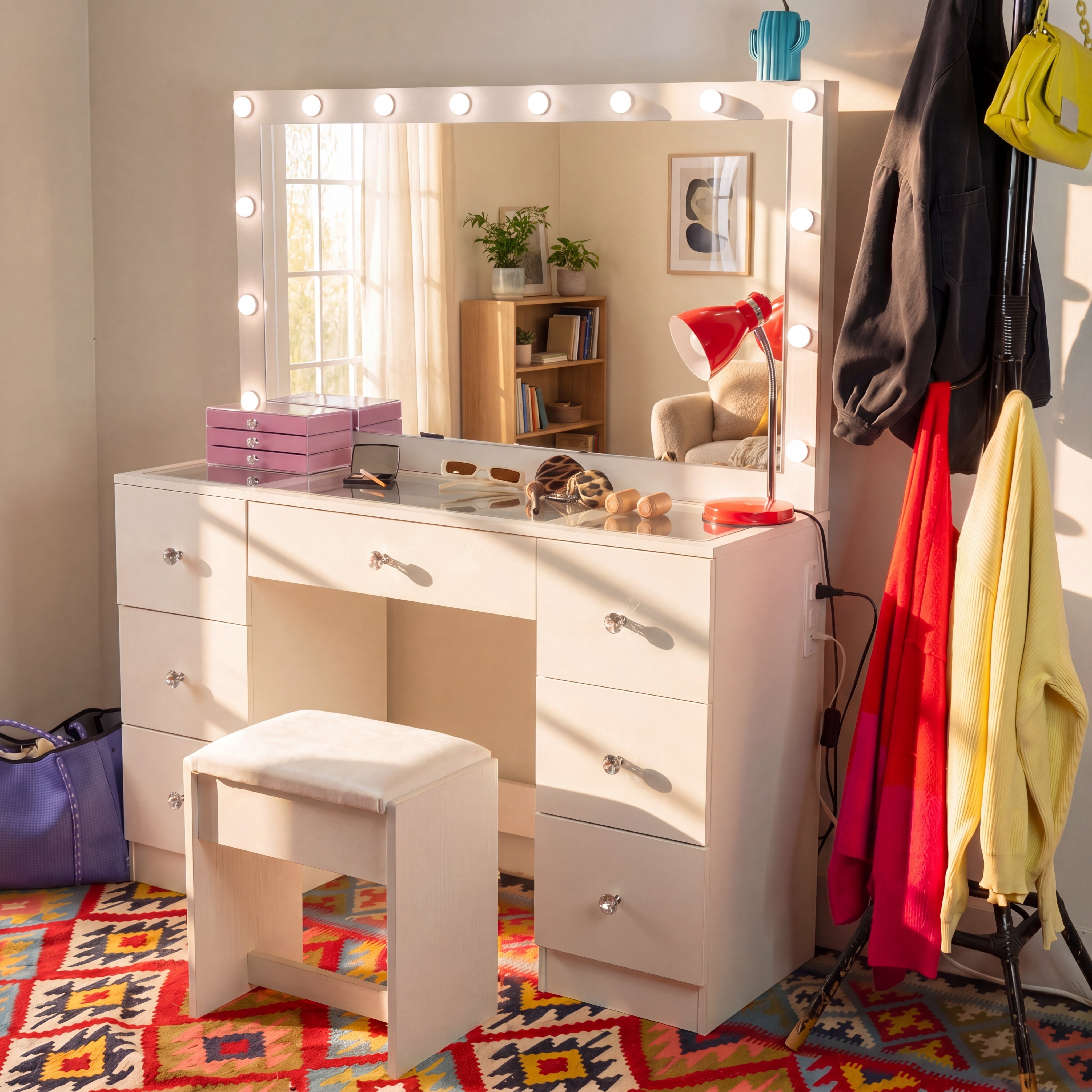 Ember Interiors Chantal White Makeup Vanity Set, 13-Bulb Mirror, USB/Outlet