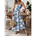 thumbnail image 3 of Blue And White Floral Print Sleeveless Tiered Maxi Dress For Women, 3 of 5
