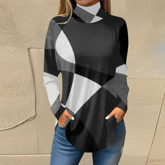 Texiao Women's Fall Tops Printing Long Sleeve Sweatshirts Turtleneck Vintage Pullover Tunic Shirt Fashion Casual Blouses