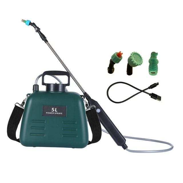 Pulverizador eléctrico portátil de 5 litros, mango de carga USB con 3 boquillas, varilla retráctil versátil para césped, jardín y huerto Verde