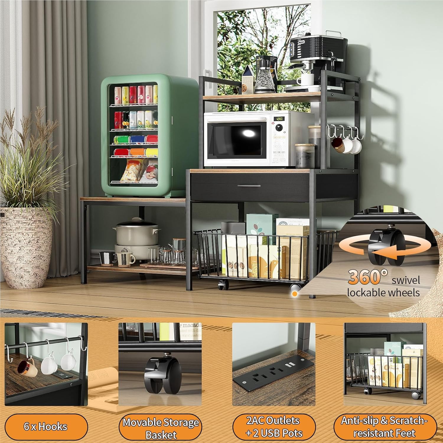 Bakers Rack with Mini Fridge Stand & Microwave Shelf – Coffee Bar with Drawer, Rolling Basket Storage & Hooks – Heavy Duty Kitchen Organizer for Apartments, Dorms & Living Rooms, Brown