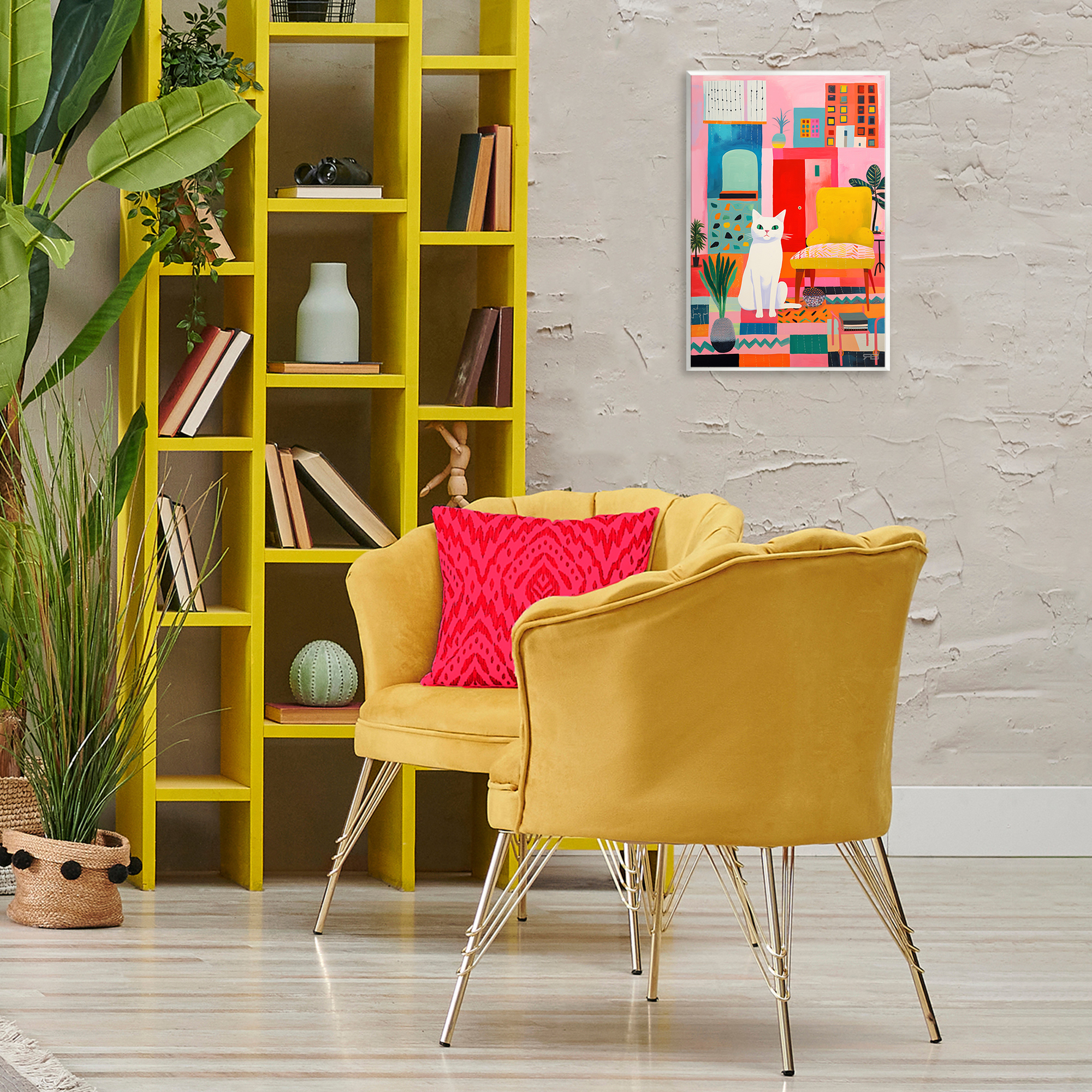 Stupell Industries Cat in Eclectic Interior Animals & Insects Painting Unframed Art Print Wall Art, 13 x 19