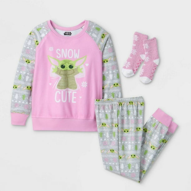 Star Wars Baby Yoda Girls' Long Sleeve Christmas Pajamas with Socks, 3