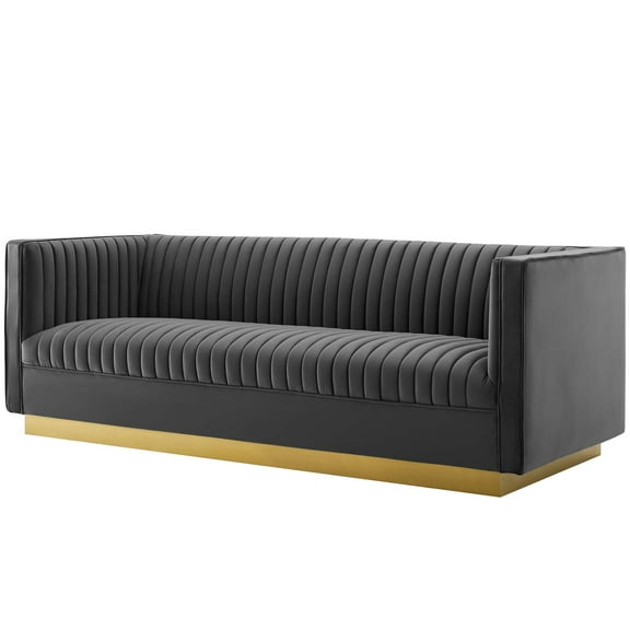 Modern Contemporary Urban Design Living Room Lounge Club Lobby Tufted Sofa, Velvet Fabric Metal Steel, Grey Gray