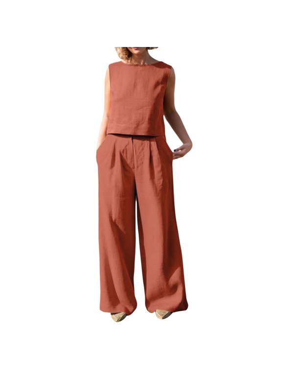 Women 2 Piece Cotton Linen Sets Outfits for Women Solid Color Crewneck Sleeveless Tops Loose Fit Pants Suit with Pocket