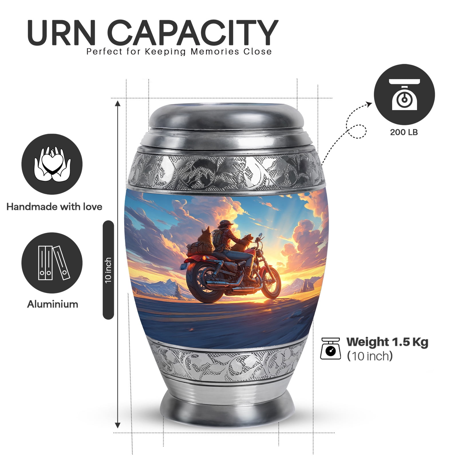 Yatskia Classic Bike with Pets Large Memorial Urn for Adult Ashes Brother and Sister, Decorative Funeral Urns for Human Ashes, (Monar Large, 10 Inch)