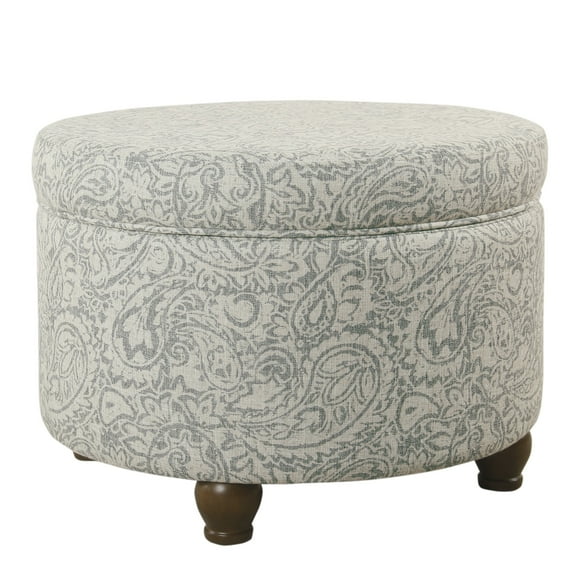 Paisley Floral Pattern Fabric Upholstered Wooden Ottoman with Hidden Storage, Gray and Cream