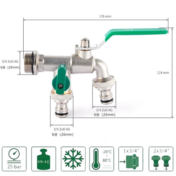 Conector mezclador de grifo de jardín doble al aire libre Adaptador de agua del tanque de válvula de salida de 3/4