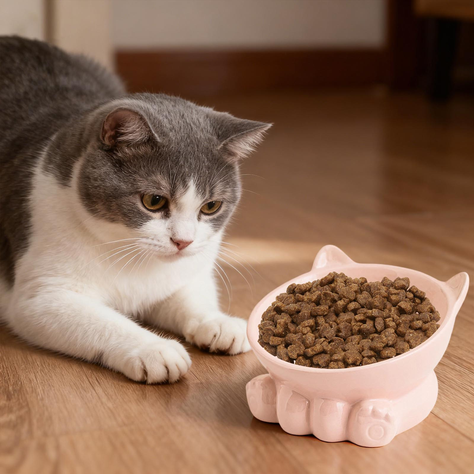 Cute Anti-Choke Cat Bowl with Cervical Spine Protection, Non-Spill and Non-Tip Design, Prevents Black Chin, Ceramic Material