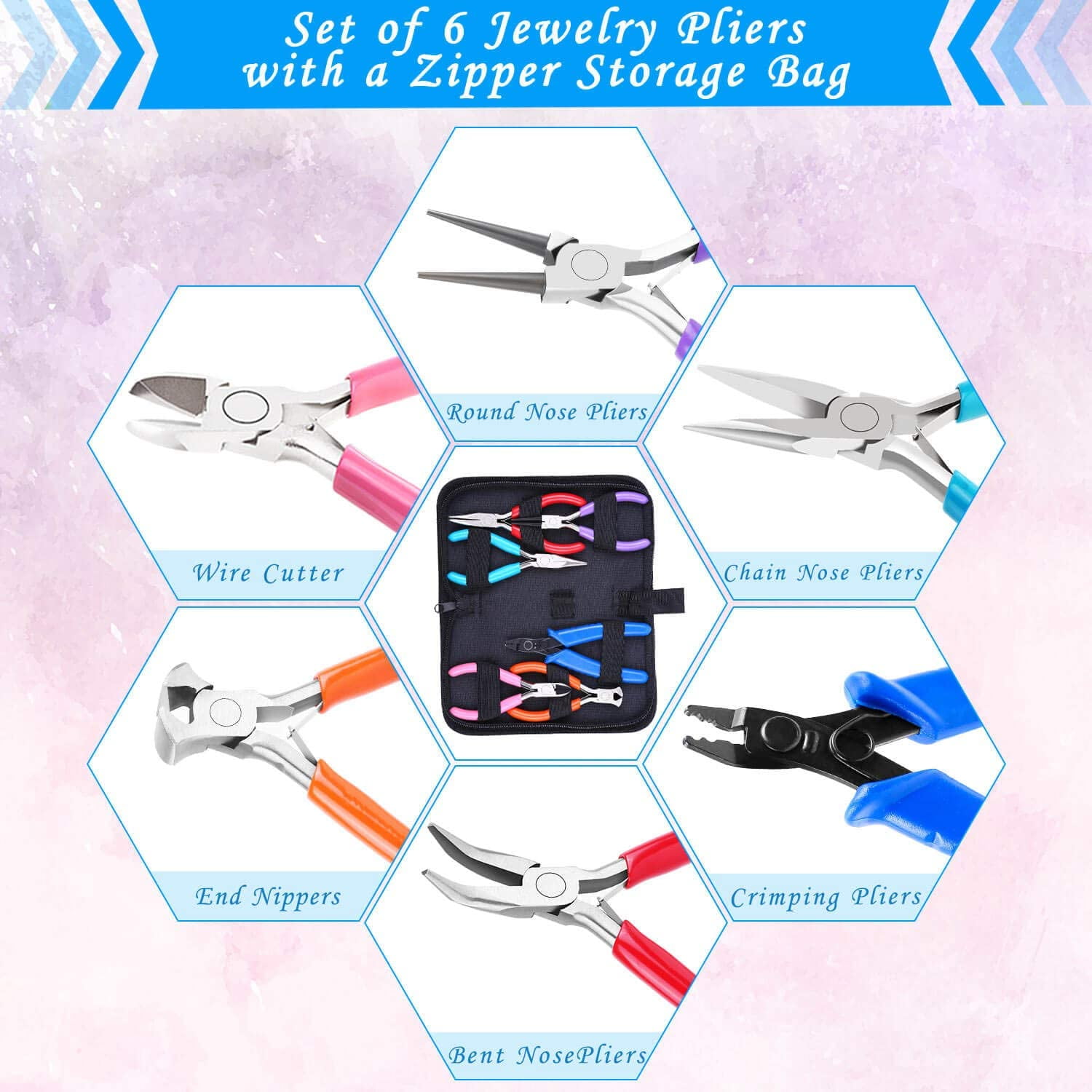 Jewelry Making Tools Kit: 6pc Set, Including Needle Round Nose, Wire Cutters, Crimper & End Nippers for Beading & Craft