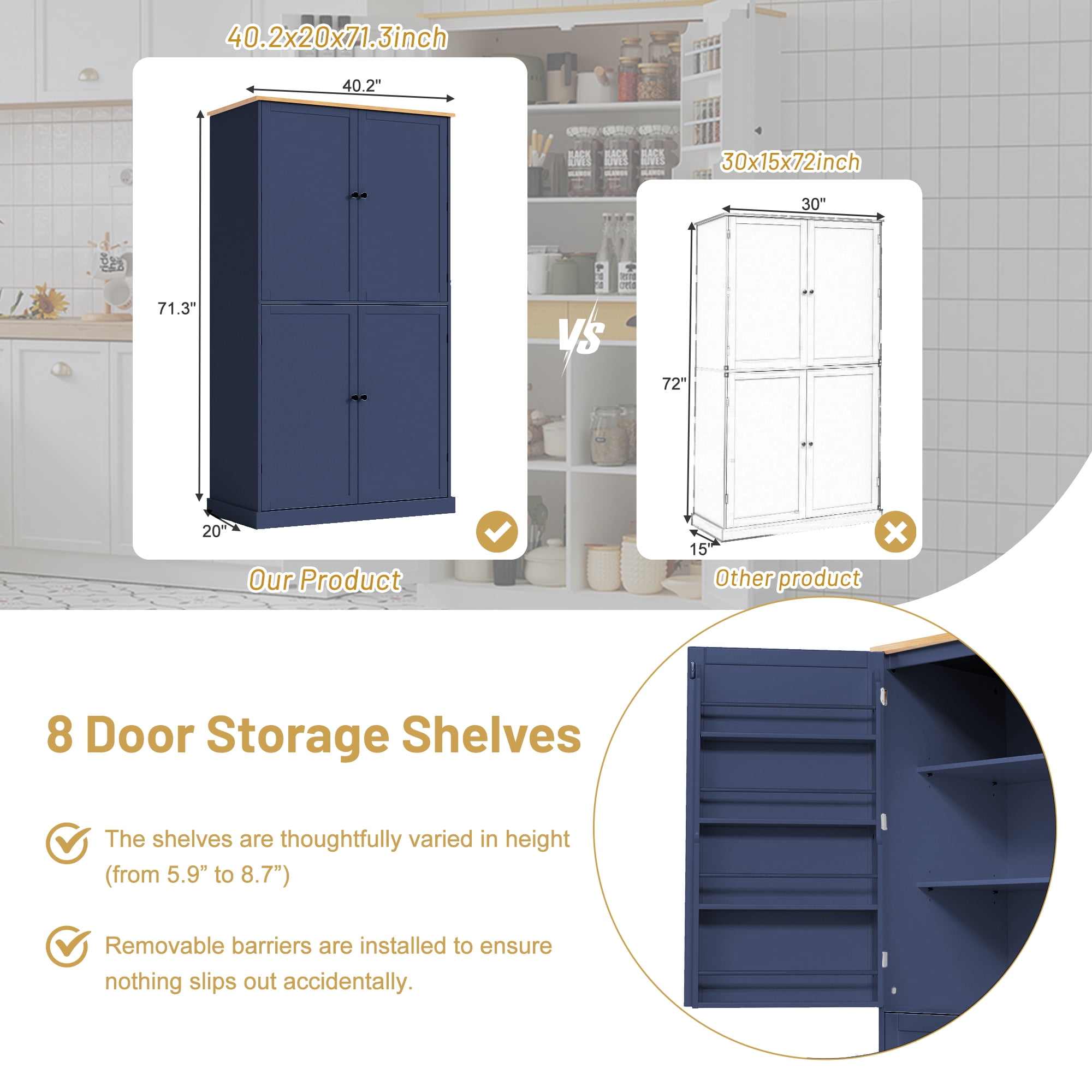 Harper & Bright Designs Farmhouse Kitchen Pantry Cabinet with Hutch, Tall Kitchen Storage Cabinet with Door and Drawer, Freestanding Hutch with Shelves, 71.3", Blue