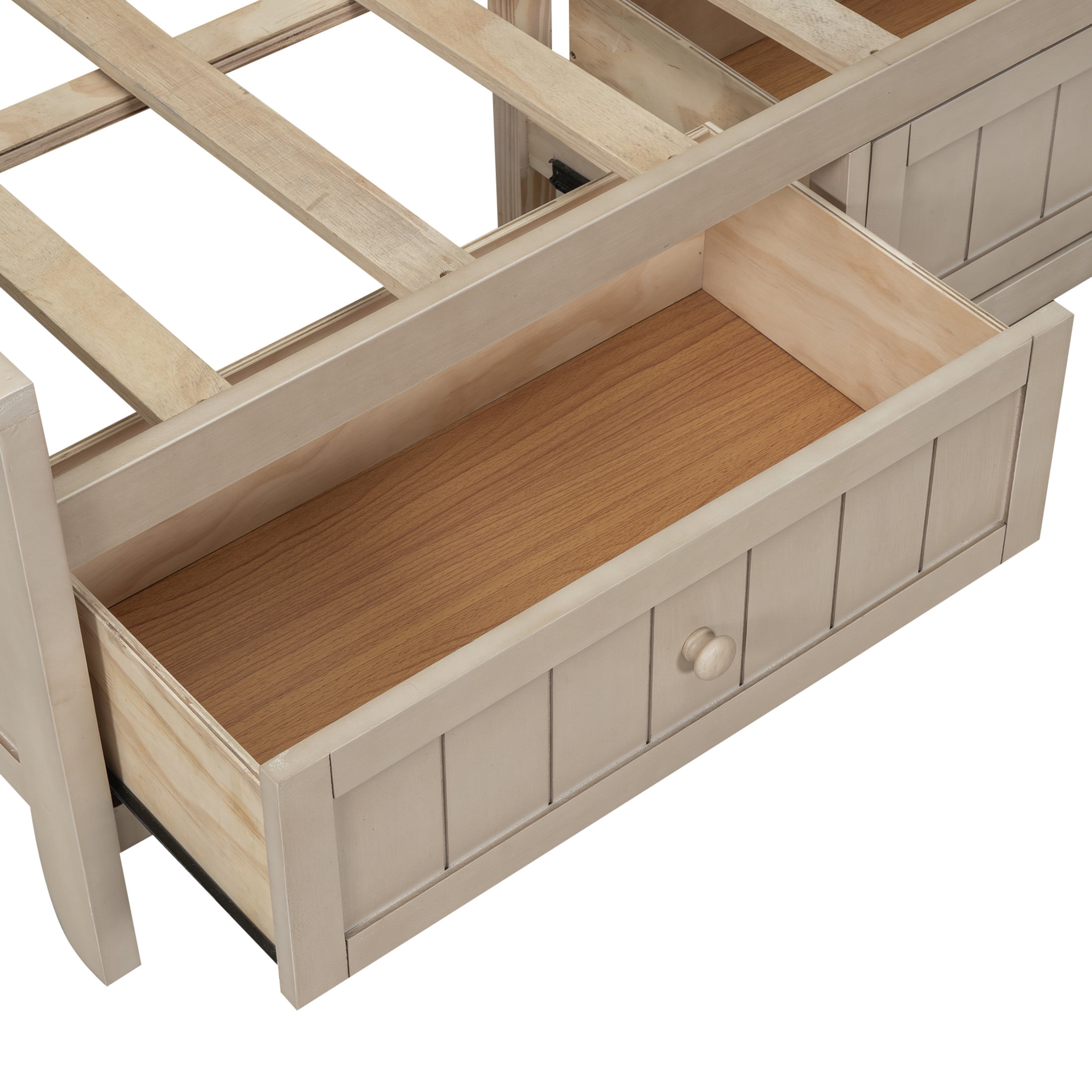 Noble House Twin Daybed with Storage Drawers and Shelves, Wood Guest Bed Frame with Sliding Doors, Antique White