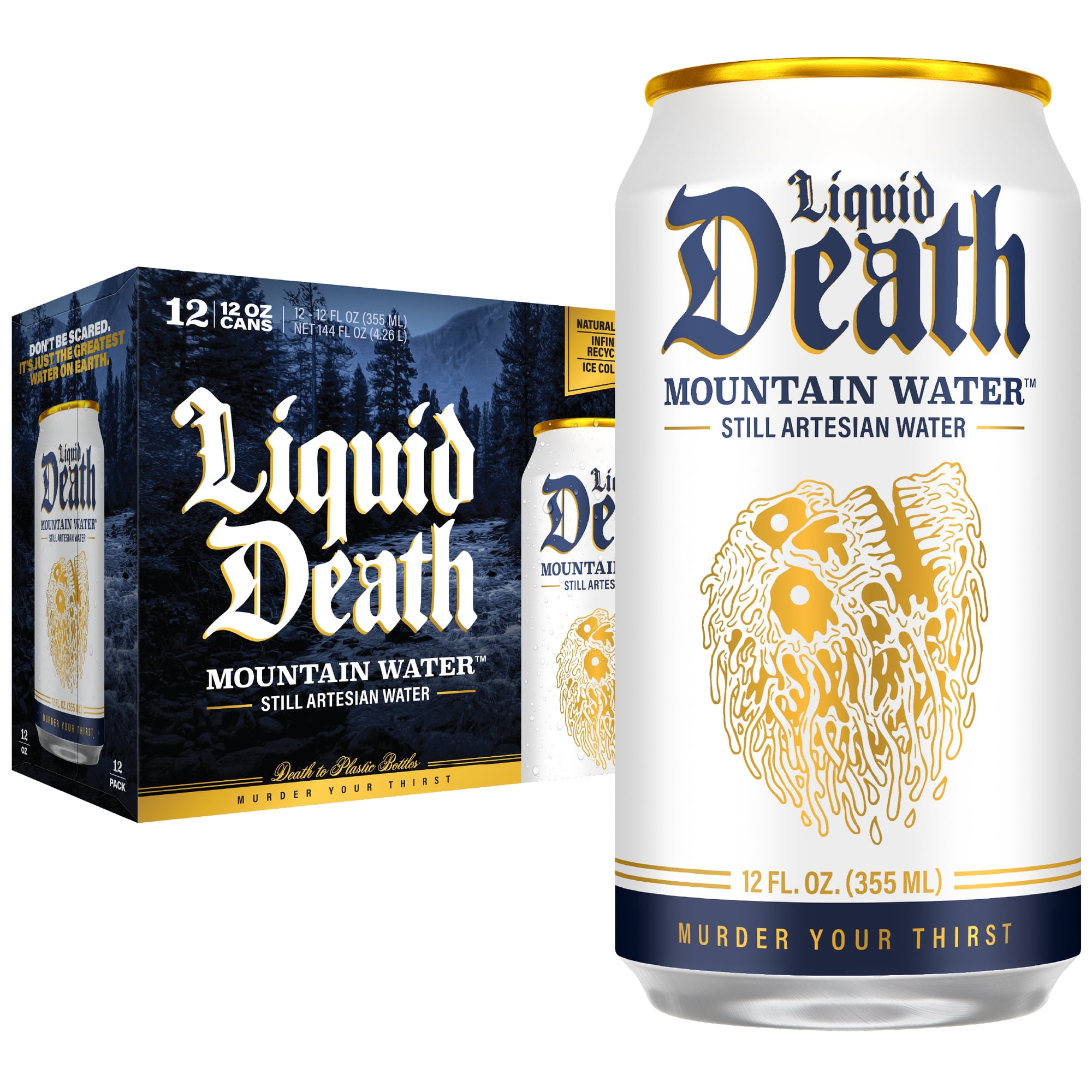 Liquid Death Still Mountain Water, Real Mountain Source, Ice-Cold Cans, Infinitely Recyclable, 12 Fl Oz (Pack of 12)