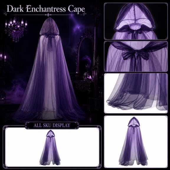 Fabrcox Halloween Holiday Full Length Hooded Cape, Unisex Adult Double Sided Reversible Mesh Cloak, Black Red Two Tone Garment for Masquerade Christmas Gathering Purple