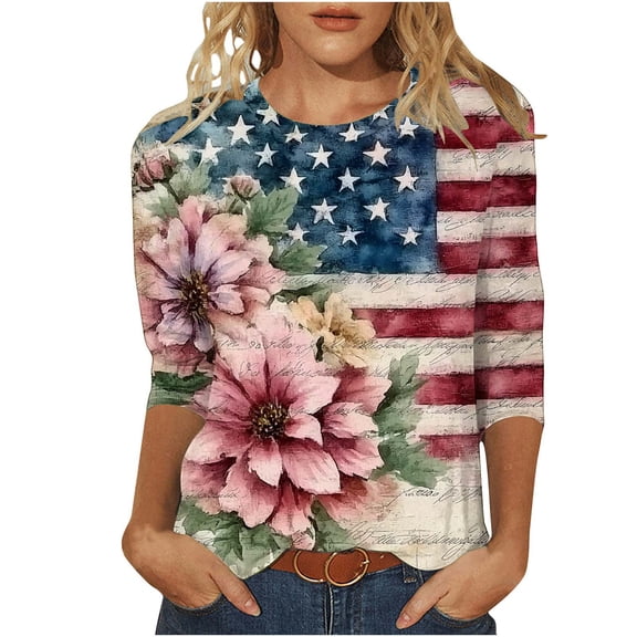 lcziwo 4Th Of July Shirts for Women Plus Size Cotton American Flag 3/4 Sleeve Tee Patriotic Graphic Summer Basic Crew Neck Blouse Khaki XXXXL