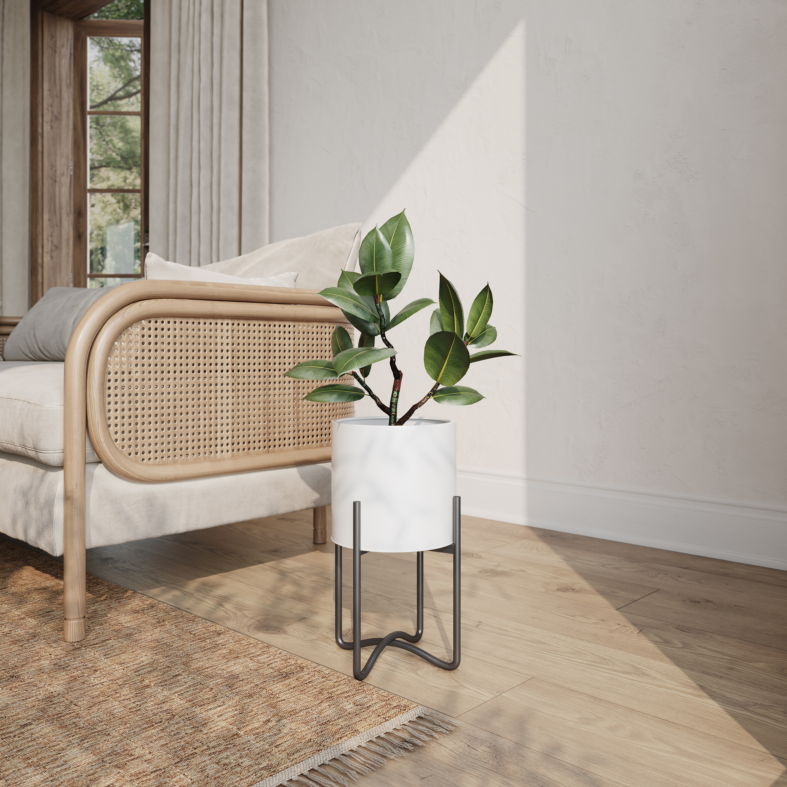 Raya White Mid-Century Modern Indoor Metal Pot Planter with Tall Metal Base - 16.25" H x 9.25" W