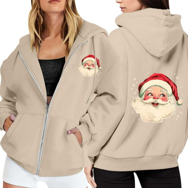 WILLBEST Sudadera Larga para Mujer, con Estampado Navideño, Cremallera, Manga Larga, Bolsillo y Cordón Ajustable Mediana