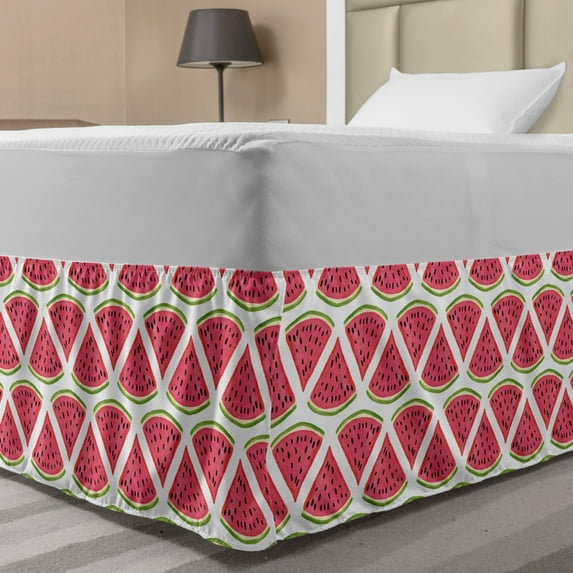 Watermelon Bed Skirt, Exotic Fruit Pattern Seeds Simplistic Vegetarian Food, Elastic Bedskirt Dust Ruffle Wrap Around for Bedding Decor, 4 Sizes, Coral Green, by Ambesonne