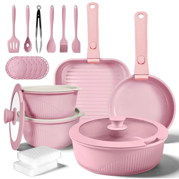 24-Piece Nonstick Cookware Set, Induction-Compatible Kitchen Cookware Set, Includes Frying Pan/Skillet/Soup Pot/Steak Pan, Removable Handles, Multiple Colors Available
