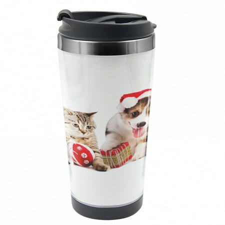 

Christmas Travel Mug Dog Cat with Presents Steel Thermal Cup 16 oz by Ambesonne