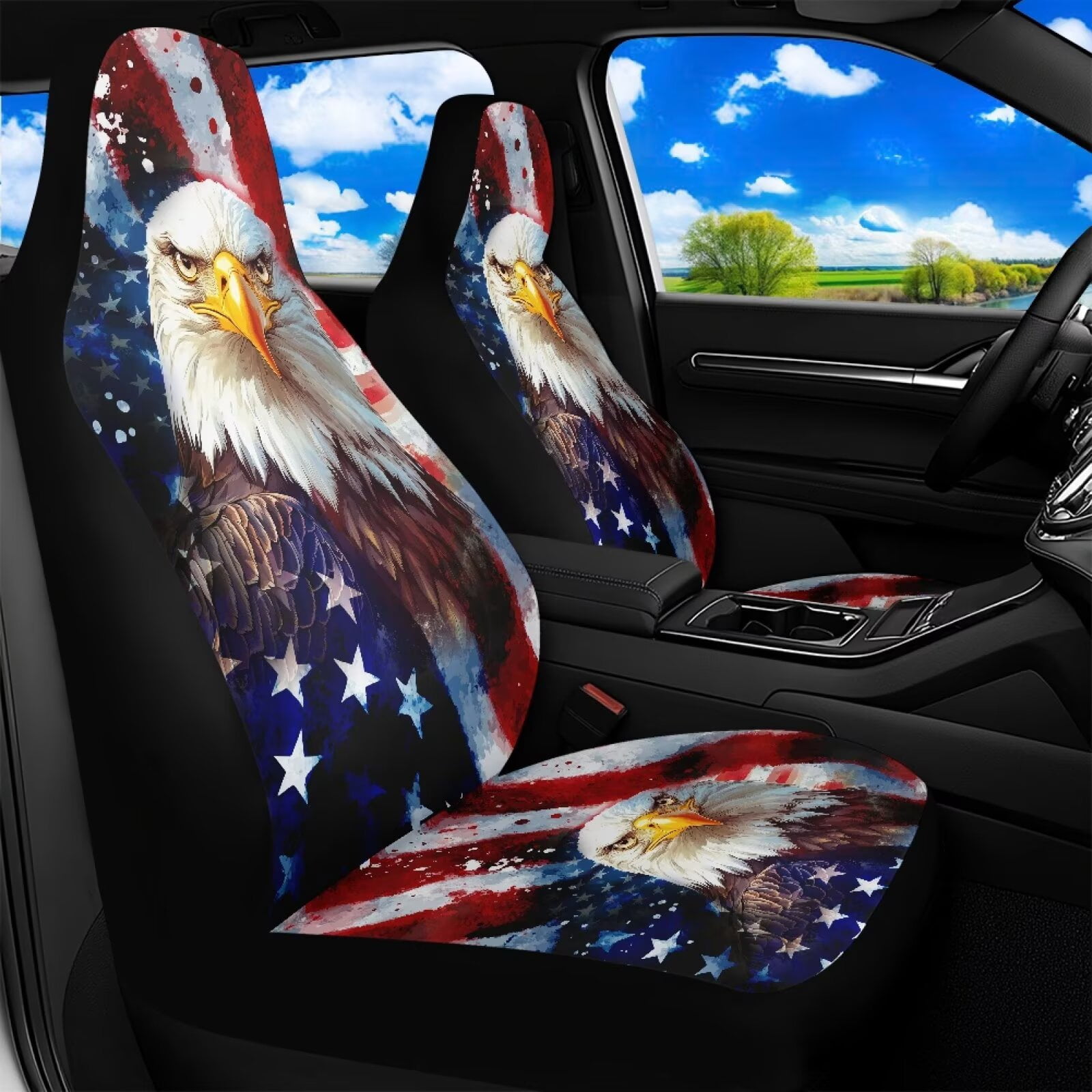 Binienty Eagle American Flag Car Seat Covers Front Seats Airbag Safe Side Airbag Compatible Car Seat Cover Protector Patriotic Auto Accessories for Cars SUV Truck Van