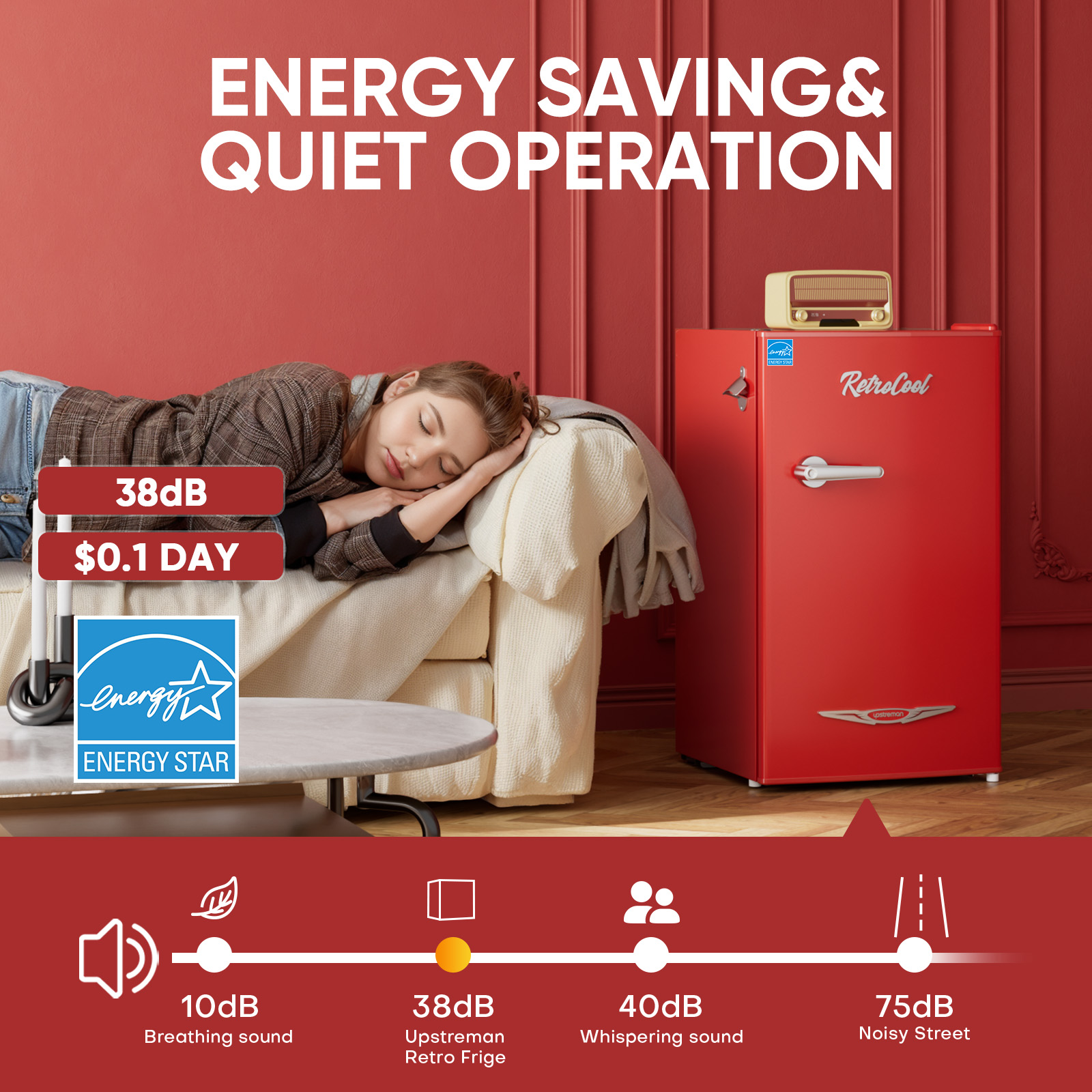 Upstreman 3.2 Cu.ft Retro Compact Fridge with Side Bottle Opener, Single Door Small Refrigerator Retro Bar Fridge, Red BR321 PRO