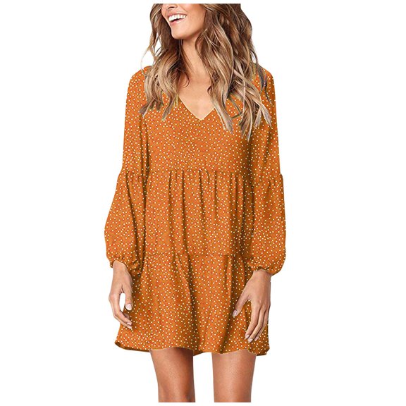 Relanfenk Women Casual Dot V-Neckline Mini Dress Short Sleeve Ruffle Loose Swing Dress