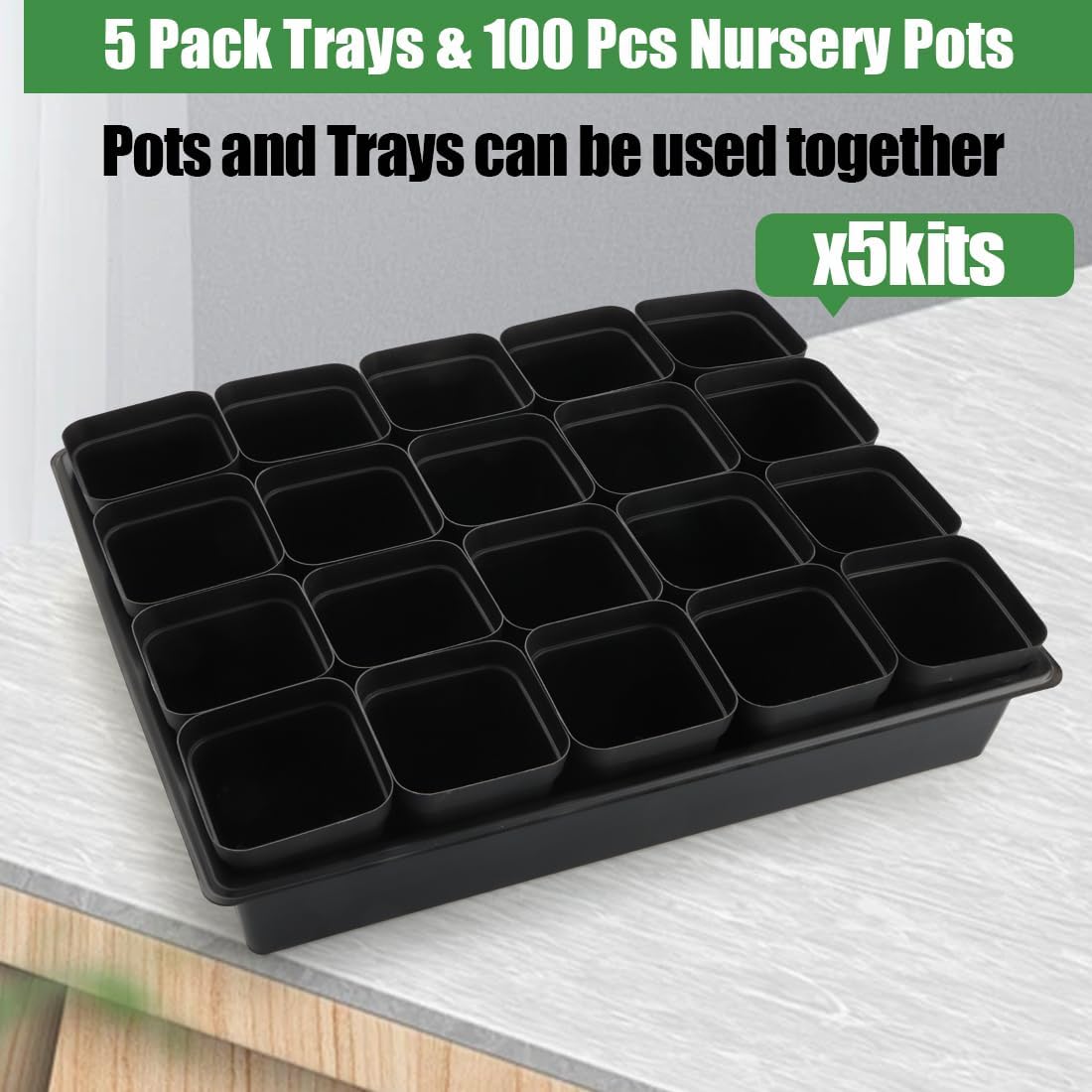 3.5 inch (9CM) Square Nursery Pots 60pcs, Sturdy Seedlings Trays 5 Pcs, Seeds Starter Germination Tray, Microgreenings Planter Nursery Propagation 5 Sets