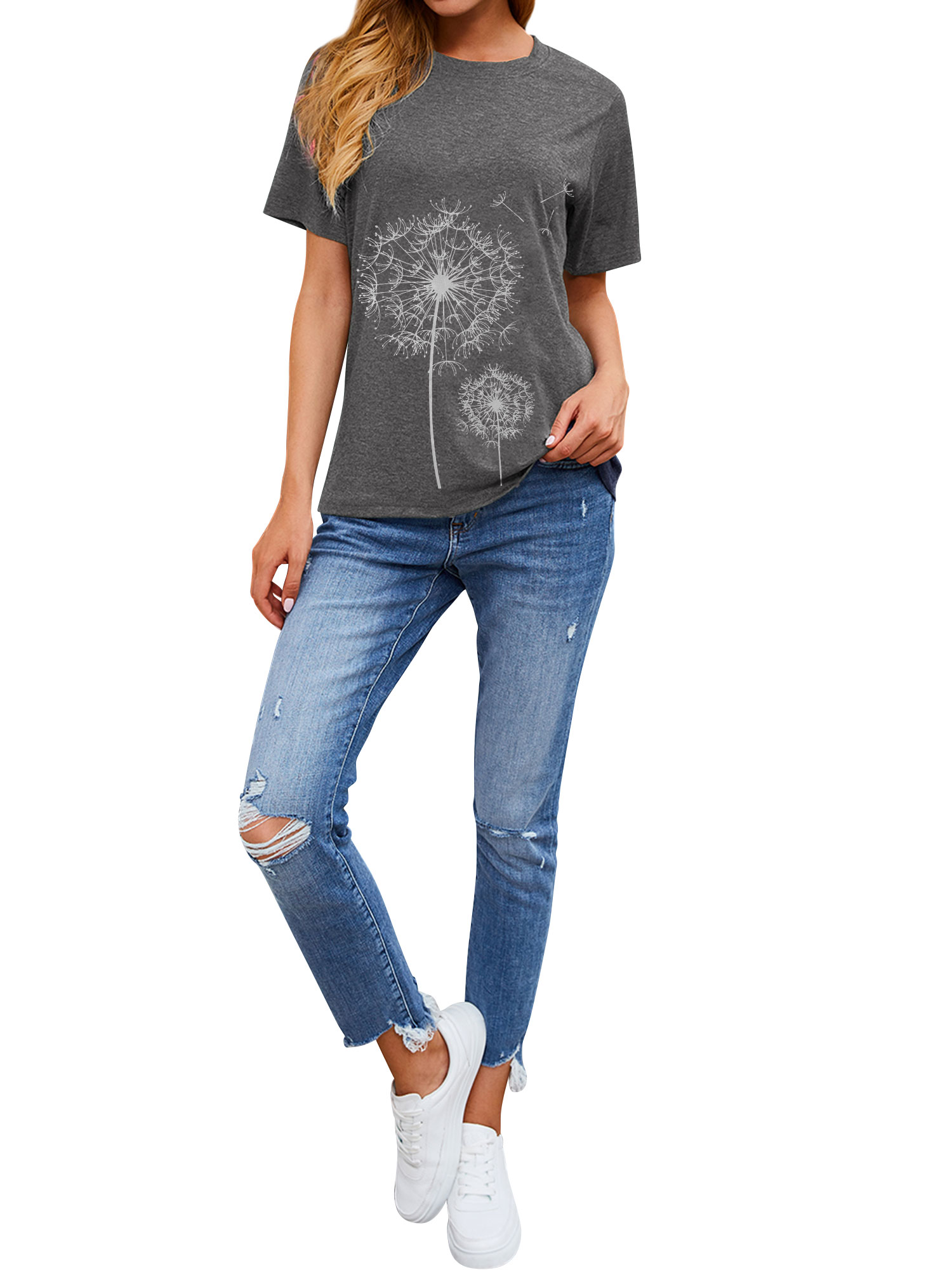 ZXSXSY Women Crew Neck Short Sleeve Dandelion Printed Top