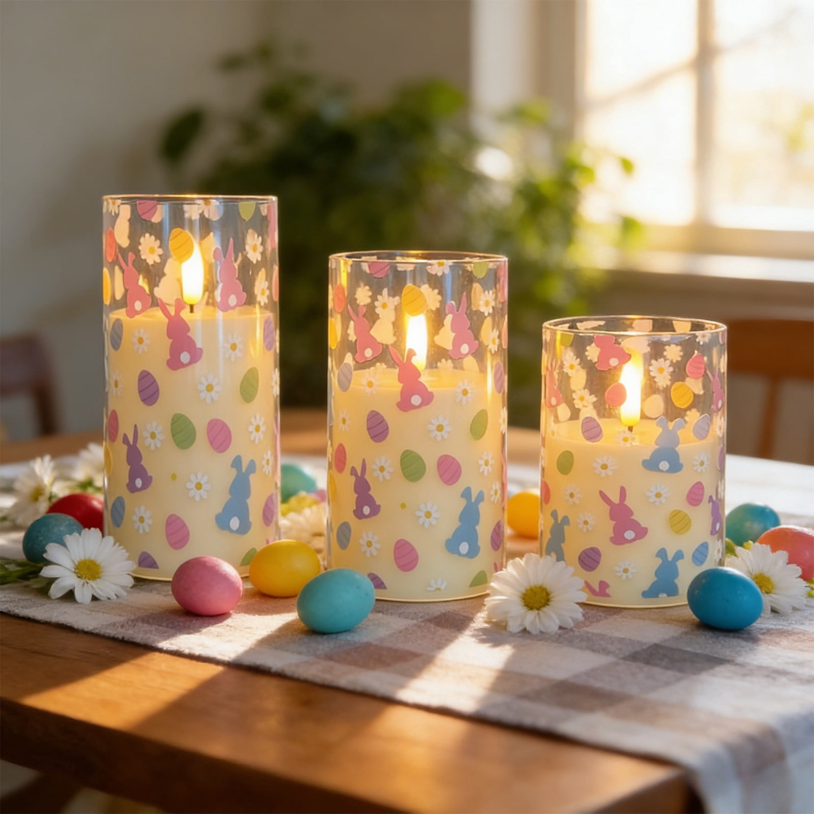Bunny Easter Egg Flameless Candles with Remote, LED Flickering Pillar Candles Set with Timer - Battery Operated Table Decor for Easter Decorations, Holiday & Home Decor(3Pcs)
