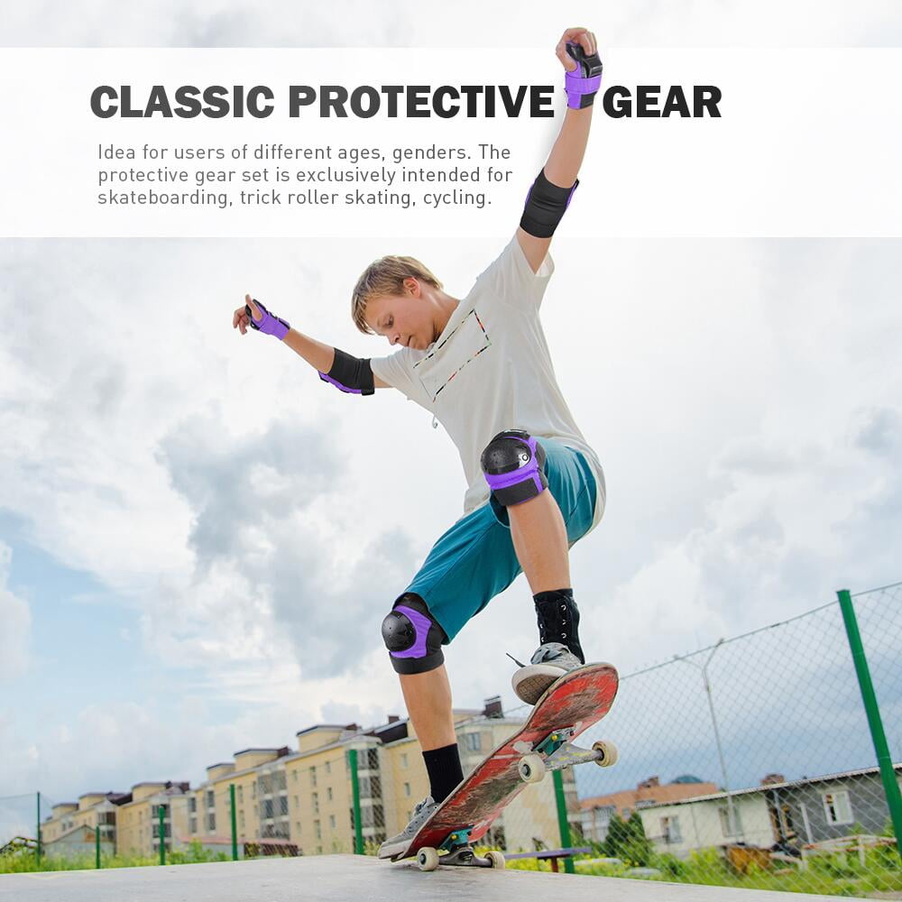 QUANFENG QF Knee Pads Elbow Pads and Wrist Guards 6 Pieces Cycling Skateboarding Protective Gear Set for Kids, Tween (Purple)