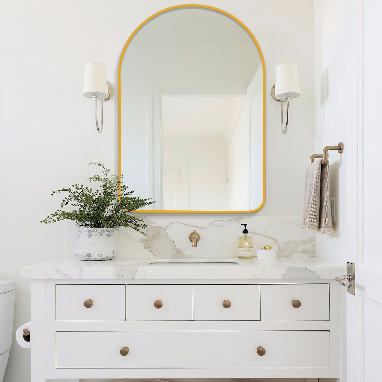 MAYEERTY 36"×24" Gold Aluminum Slim-Frame Arched Wall Mirror Rounded Corners, Modern Elegance for Home