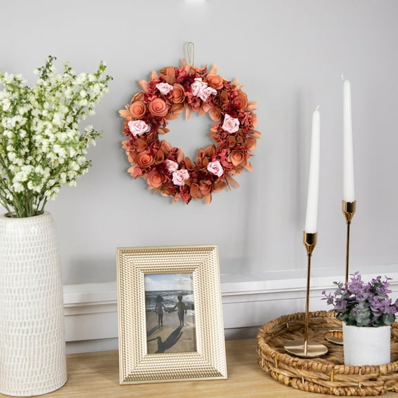 Northlight Silk Roses and Shaved Wood Flowers Small Artificial Spring Wreath - 12" - Unlit - Pink