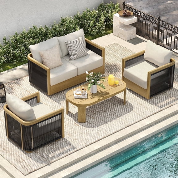 HAPPATIO 4-Pc Aluminum sofa set, Outdoor Conversation set, Include Loveseat, Sofa x2, Coffee Table, Deep Seating, UV-Rust, for Garden, Backyard
