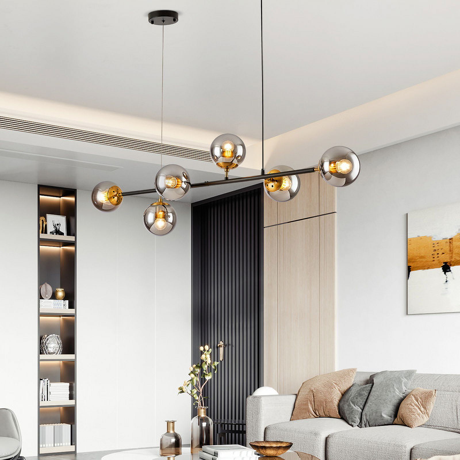 Vikaey Mid Century Modern chandelier Black and Smoke Gray Glass Globe Linear Ceiling Light Fixture 6-Light Adjustable Pendant Light Fixture for Kitchen,Living Room,Dining Room