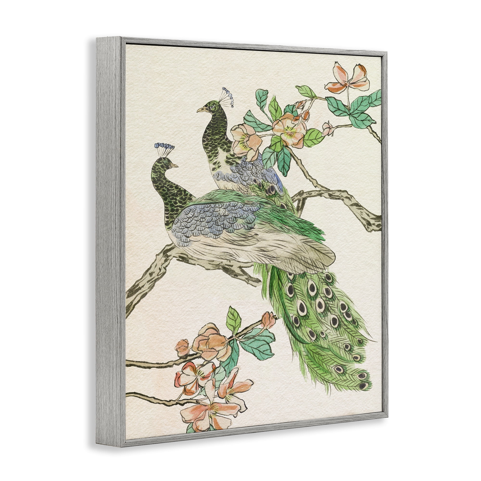 Stupell Industries Peacock Perched on Branch Animals & Insects Painting Gray Framed Art Print Wall Art, 24 x 30