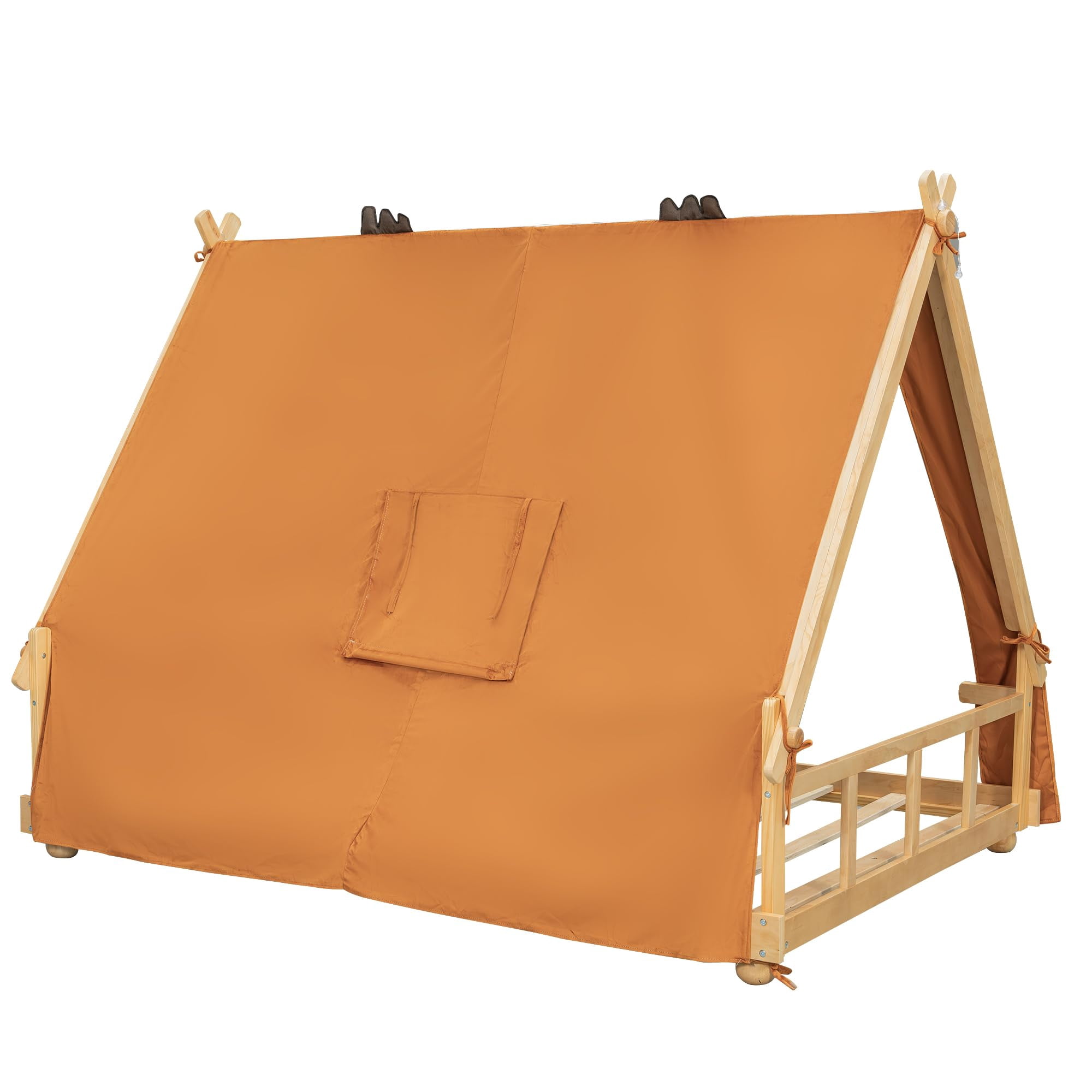 Mirightone Full Floor Bed Frame with Light, Full House Bed with Tent, Floor Bed Full with Slats, Brown + Natural