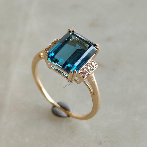 Natural London Blue Topaz Diamond Ring, 14K Solid Yellow Gold Blue Topaz Diamond Ring, Engagement Ring, Blue Topaz Jewelry