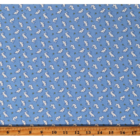 Cotton Bunnies Bunny Rabbits Animals Nana Mae 8 Blue Cotton Fabric Print by the Yard (1491-11)