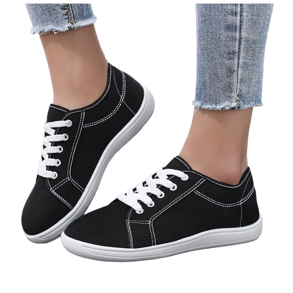 Women's Walking Shoes Mens Round Toe Classic Lace up Flat Canvas Shoes Antislip Low Top Fashion Sneakers Black Size 7