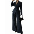 thumbnail image 2 of Women'S Long Sleeve Blazer and Straight Leg Pants Two Piece Set Elegant Office Formal Suit Outfit Navy Blue M, 2 of 7
