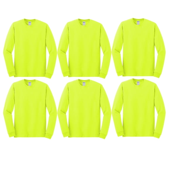 Gildan Hi Vis Men Long Sleeve Work T-Shirt, Heavy Cotton Classic Fit Tee, Safety Green, 6 Pack, L