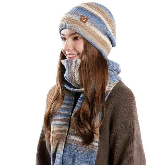 Womens 2 PCS Beanies Scarf Set Winter Rainbow Striped Cuffed Knit Beanie Hats Long Neck Scarfs Christmas Cold Weather Gear Coffee
