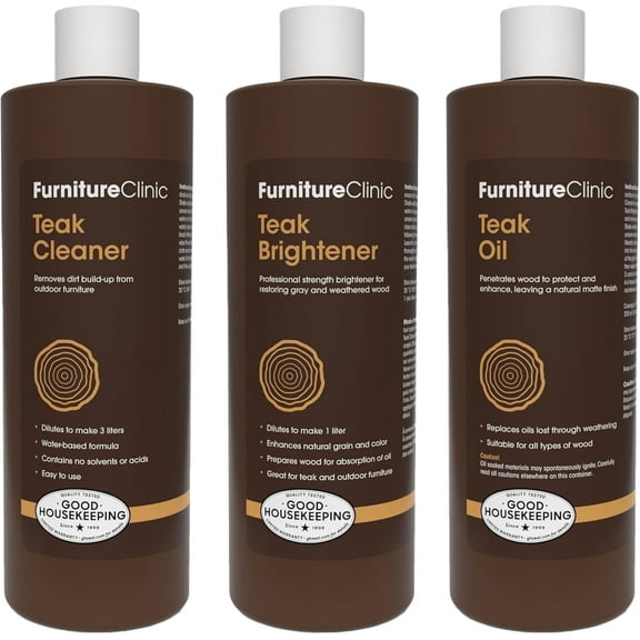 Furniture Clinic Teak Care Kit | For Teak Outdoor Wood Patio Furniture | Clean, Brighten, Nourish, and Protect Treated and Untreated Wood | Contains Cleaner, Brightener, & Oil