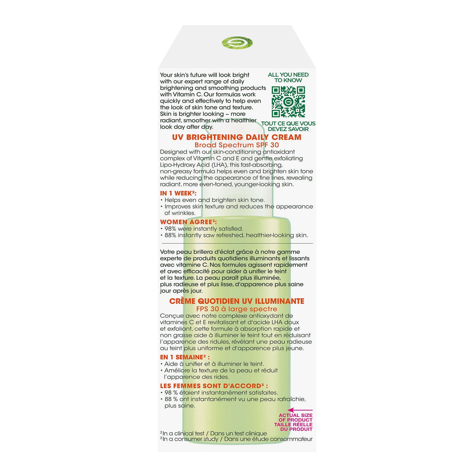 Garnier crème quotidienne UV illuminante FPS 30, 75ml enrichie en Vitamines C, E et LHA