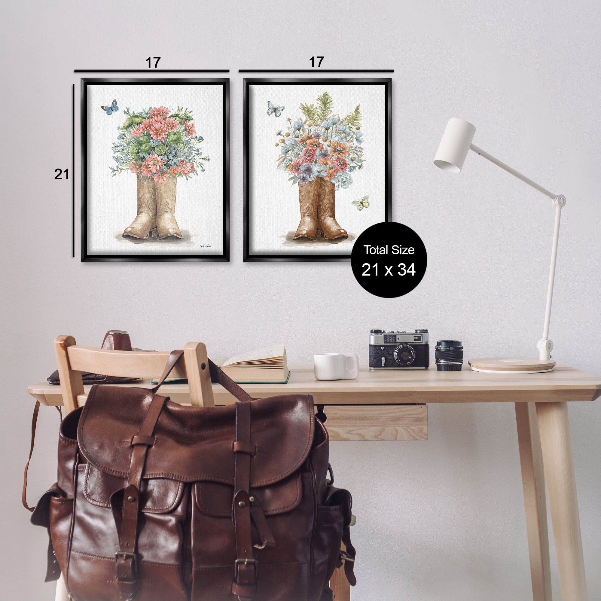 Stupell Industries Wildflower Western Boots Butterfly Plants & Flowers Painting Black Floater Framed Canvas Art Print Wall Art, 17 x 21, Set of 2