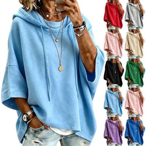 Textilo Pullover Sweaters for Women 3/4 Batwing Sleeve Drawstring Hoodie Hooded Solid Color Sweatshirts Loose Fit Y2k Lightweight 2026 Fall Winter Clothes,Pink S