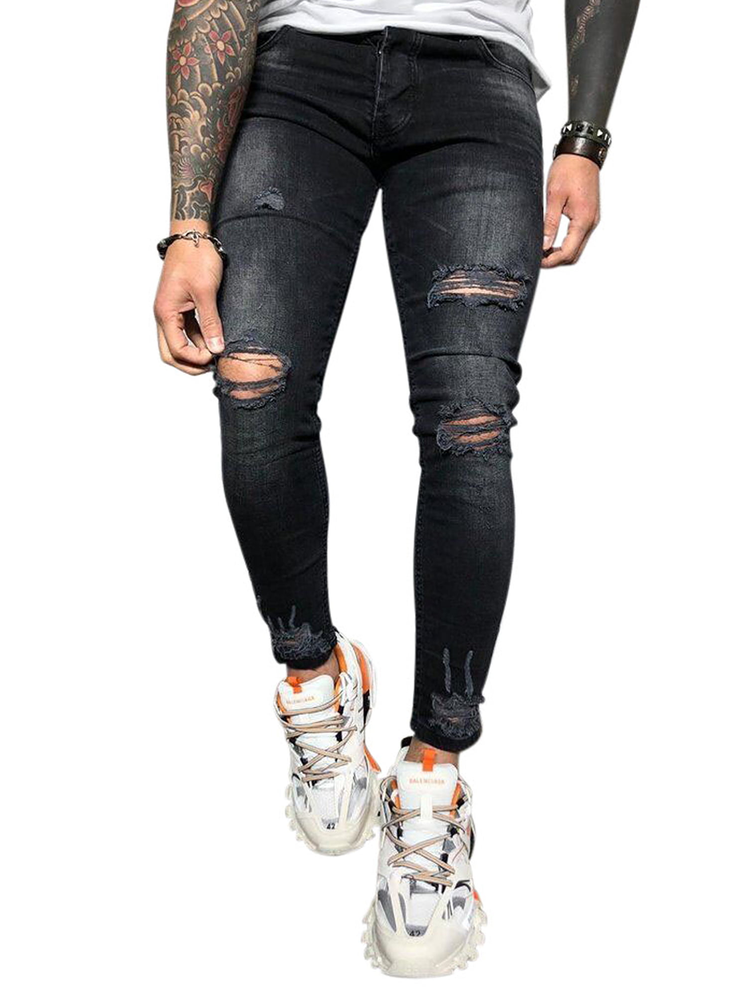 Mens Stretchy Jeans Ripped Skinny Jeans Destroyed Frayed Slim Fit Denim Pants