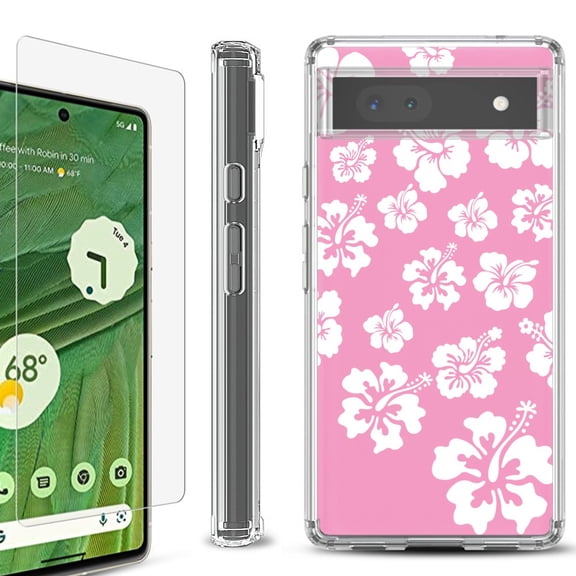 Shockproof Bumper Phone Case for Google Pixel 6a, with Tempered Glass Screen Protector, by OneToughShield ® - Hibiscus Pink