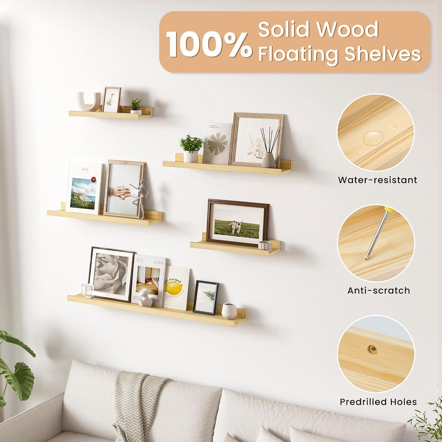 Long Floating Shelves for Wall, 56 inch Solid Wood Picture Ledge Shelf, Picture Shelf for Wall with Ledge, Floating Book Shelves for living room Bedroom Nursery Decor, Natural Finished, Set of 2